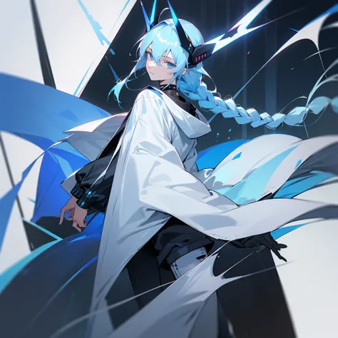 Tall male, solo , faceless male, light-blue hair , dark blue eyes, black choker, black shirt , white oversized jacket, skinny jeans, big sleeves, single very long braid, cyber punk, ￼head horn gear, 