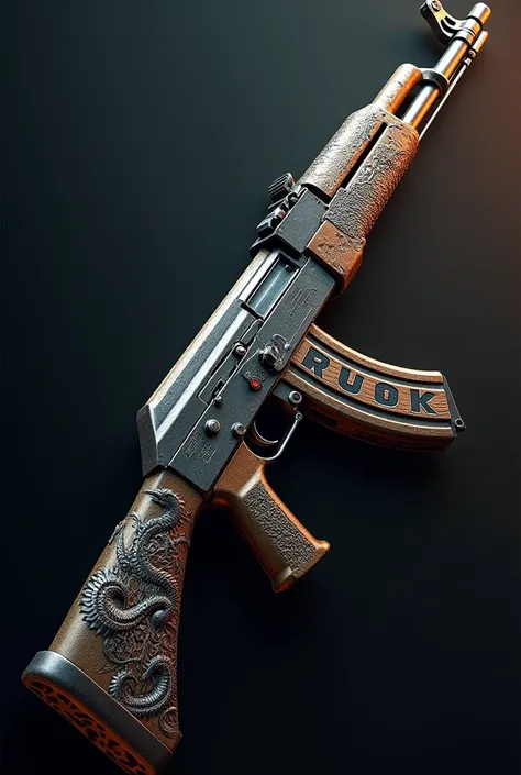 Draw me an ak 47 with a dragon pattern and say RUOK on it