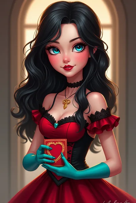 Imagem da filha da Maddie Hatter e da Lizzie Hearts de Ever After High: You have to have loose, slightly wavy hair, not curly black with red highlights,  pale peach skin, blue colored eyes, red heart in the eye, red dress with black and gold details in an ...