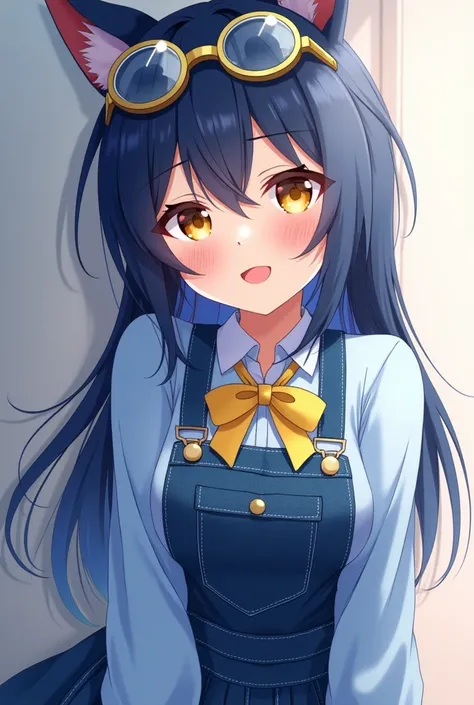 Navy blue hair, animal ears, yellow eyes, slightly large yellow ribbon around the neck, cheerful, girl, light blue long sleeves over navy blue denim overalls, anime style, long hair, slightly messy, E cup, blue glasses with yellow rims on top of the head, ...