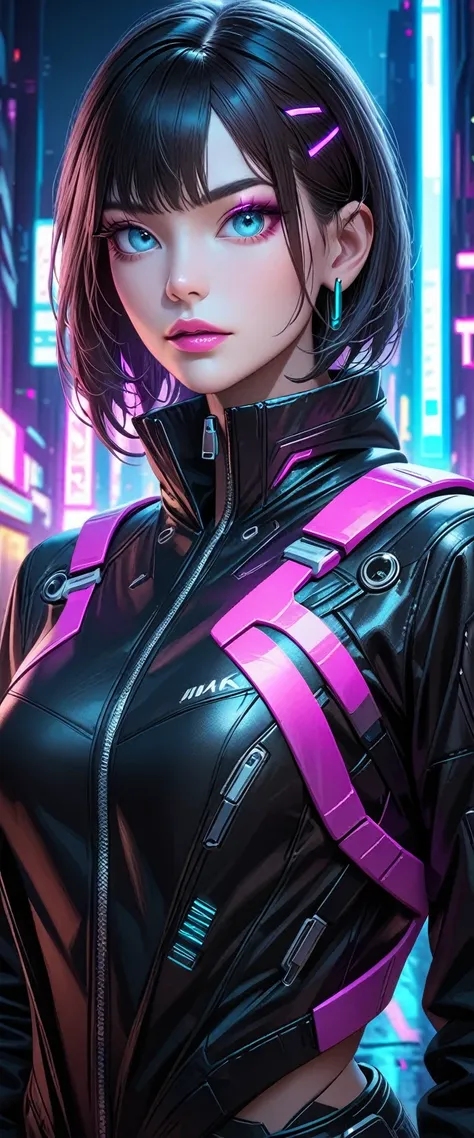 female cyberpunk girl, beautiful detailed eyes, beautiful detailed lips, extremely detailed eyes and face, long eyelashes, perfe...