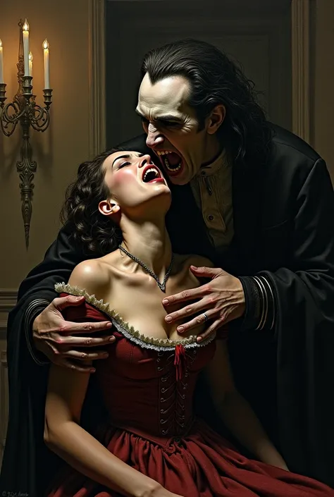 vampire biting medieval woman&#39;s neck