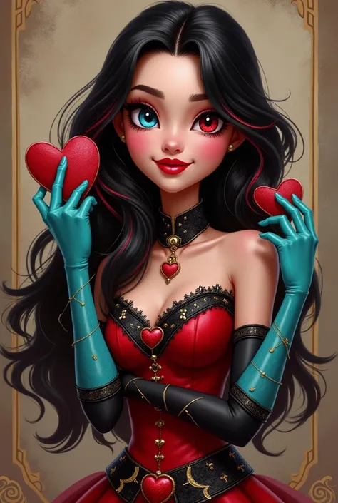 Imagem da filha da Maddie Hatter e da Lizzie Hearts de Ever After High: You have to have loose, slightly wavy hair, not curly black with red highlights,  pale peach skin, blue colored eyes, red heart in the eye, red dress with black and gold details in an ...