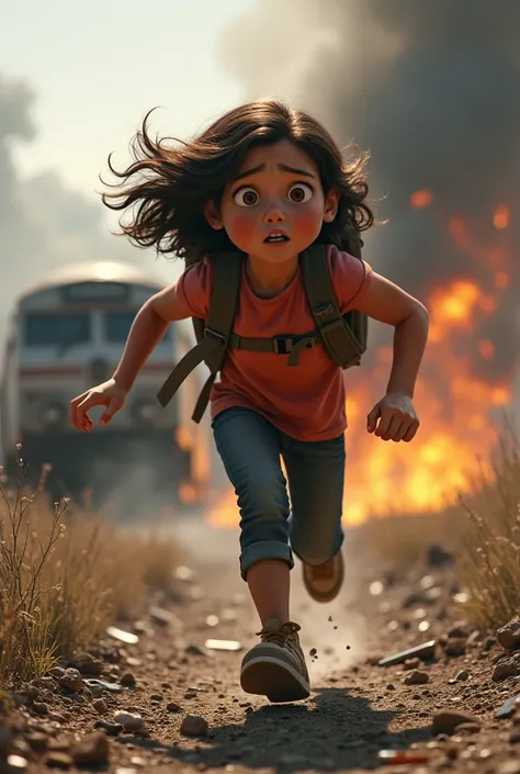 A young lady runs, she s scared, she looks like dora the explorer, behind her a train . The train derails, there s piece everywhere. Some fires started on the background