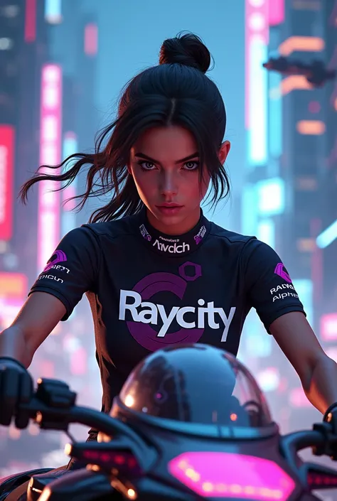 A racing girl wearing a shirt that says Raycity alpha.