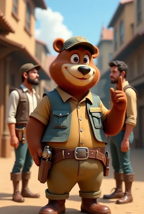 In cinematic 3d style,,character; cartoon bear Sheru character, round face, big eyes, fit body, cap on head, khaki shirt, khake pants, brown belt, name plate Sheru is written on the left pocket of the shirt, brown shoes, shiny watch in hand,small guns tied...