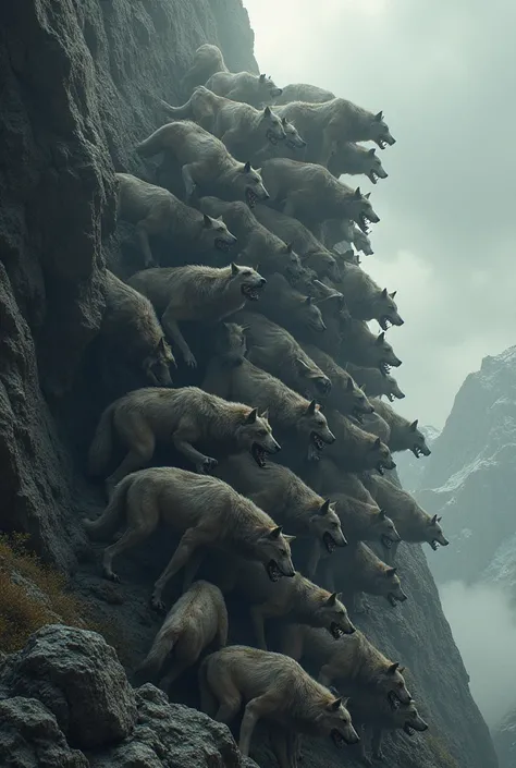 A pack of wolves, thousands of them piled up on top of each other, climbing up a cliff