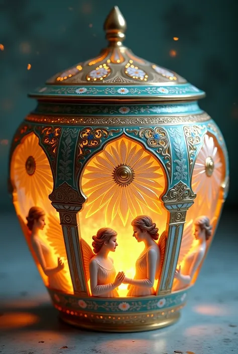 example of a paint design of a picture of heaven on a pot (the image contains Islamic elements) 