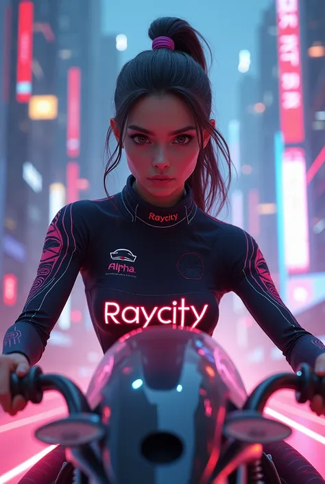 A racing girl wearing a shirt that says Raycity alpha.