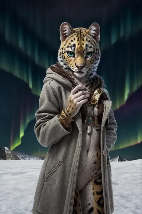 leopardo da neve, Giza, coatry, Woman, Woman, coat, detailed coat masterpiece, highest quallity, digitl art, (realisitic:0.3), comics, thin-lines, high resolution, visually stunning (Detailed lighting, Written limit depth:0.9), detailed, swirly vibrant col...