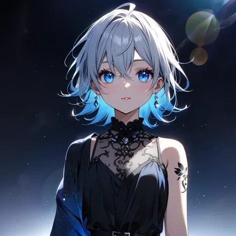 Create an anime-style character with large expressive blue eyes and short messy silver hair. 
The character should have a neutral expression and detailed makeup around the eyes including long eyelashes. 
Add an earring on one visible ear. 
The character is...