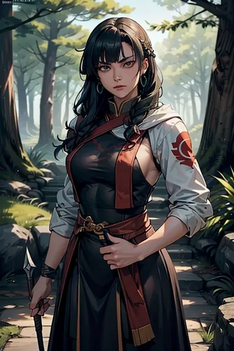 high resolution。Super Real, BC fantasy world、A woman, 40 years old、Dark green hood on head。(((A veteran mercenary who is skilled in bows and magic.。))) (((Detailed face, Beautiful eyes in every detail, Sharp eyes and thick eyeliner))) (((Her eyes are pale ...