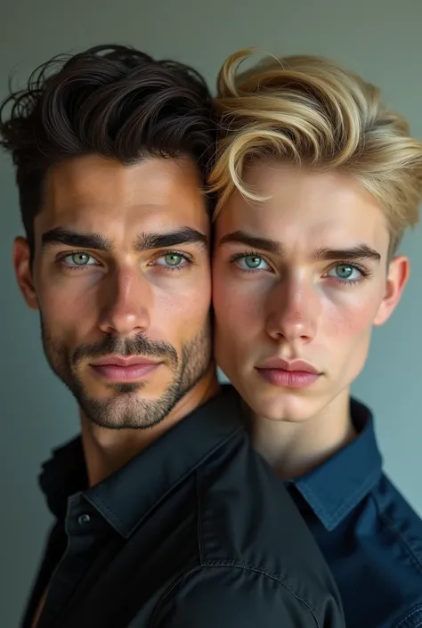 2 boy, one is heart shaped face, angular jawlines, light green eyes, dimples on both side, light beard, looks like henry cavil and boy 2 is blond, sharp jawlines, blue eyes, villian