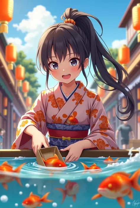 Photo ponytail high school girl yukata goldfish scooping