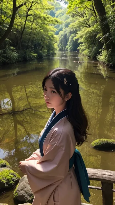 woman,Japanese,forest,river