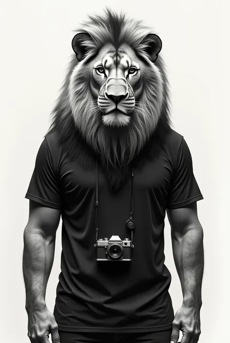 Serious lion drawing with black t-shirt and camera hanging around his neck looking straight ahead 