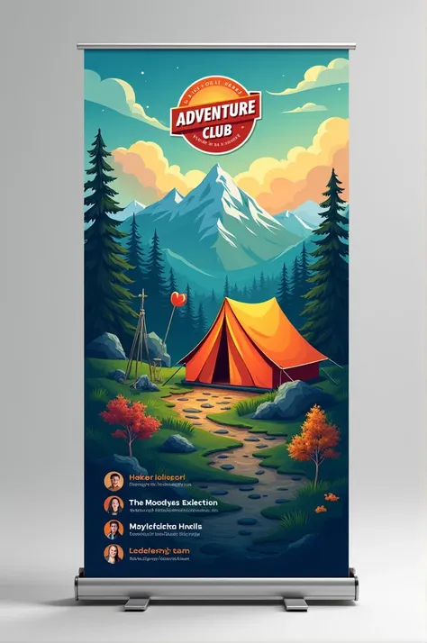 Create a penaflex standy design for an adventure club. The design should include the following elements:
1. Place the Adventure Club logo at the top center.
2. The background should feature visuals that represent trip plans, such as mountains, hiking trail...