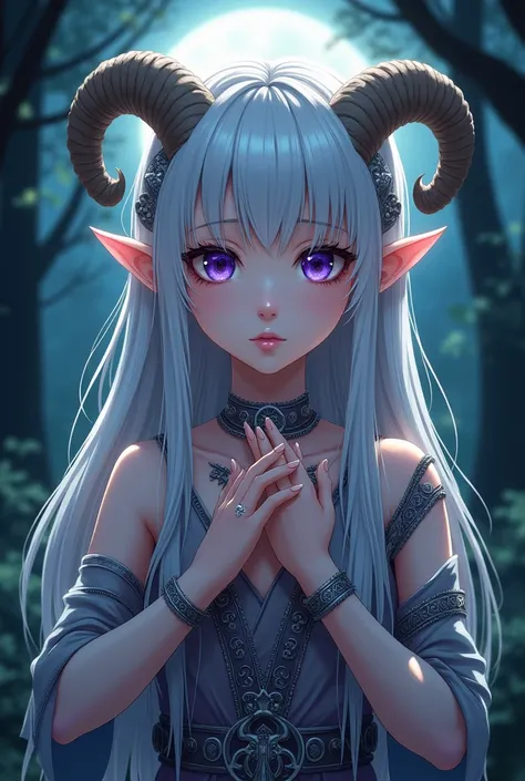 kid girl with elf ears, white hair, small horns like a ram, anime style, night forest background. A little melancholic atmosphere and very beautiful. purple eyes. mysticism. Intelligence, silver jewelry, runes on her hands. Dressed in tribal clothing. not ...