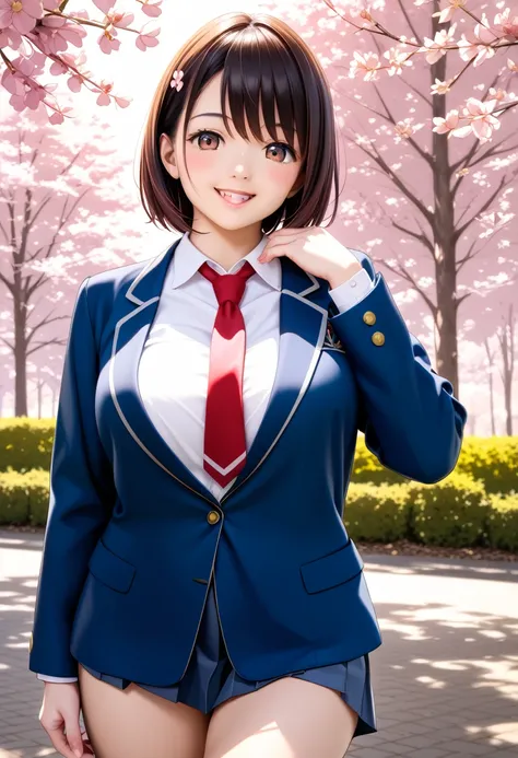 (photo Realistic:1.4), (hyper Realistic:1.4), (Realistic:1.3), (Smoother lighting:1.05), (Improving the quality of cinema lighting:0.9)、Natural light、Cherry tree in full bloom、A girl in uniform standing in front of the school gate、美しいhigh school girl、Highl...