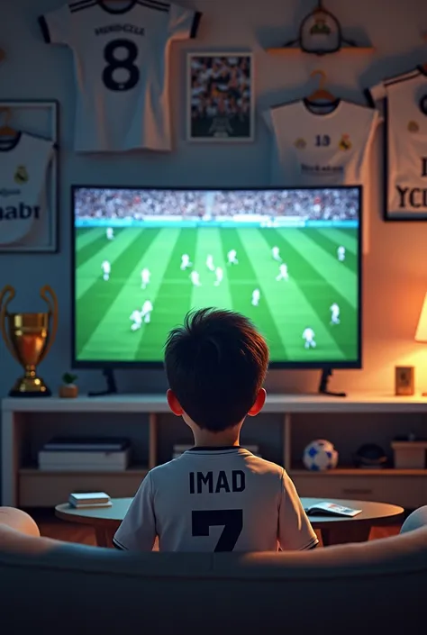 In a room, theres a boy wearing a white shirt with the number 7 and the name "ImAd" on it. On the wall, there are images of famous Real Madrid football players, a UEFA Champions League trophy, and shirts with numbers 7, 5, 10, 8, 9 and 4. The individual in...