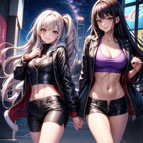 best quality，，smile，blazer，swimsuit，School，Collective of girls，Track jacket，Physical education class，JK，Sexy and cute，future，Wearing a fastener bra，zipper bra，Long Hair，She has her bangs down，Purple Eyes，evolution系ファッション，Cuteness at its finest，Sparkling，Le...