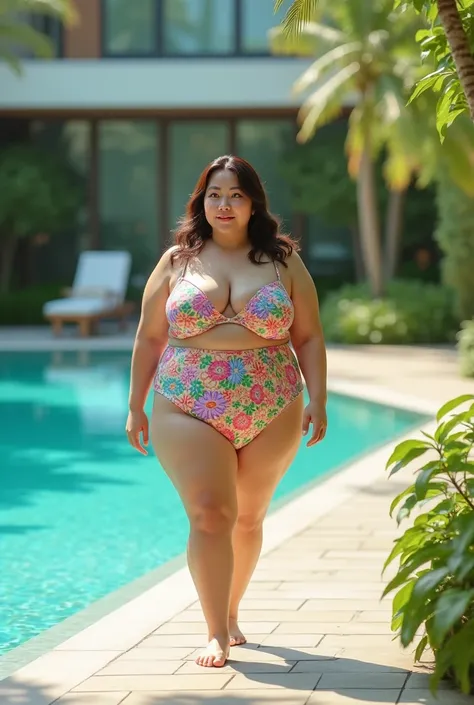 A plump 30-year-old Japanese woman in a swimsuit walking by the pool