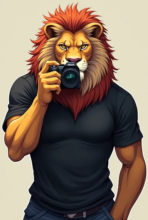 Serious lion with black t-shirt taking photo looking front anime