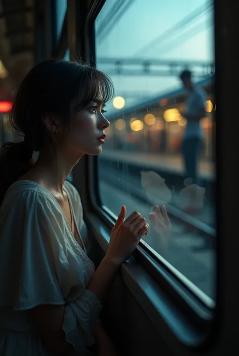 A view from outside a train bogie,slightly moving where a women is sitting near the window seat and her lover standing out of the train, him unable to look her because of his pain of leaving her.View from his perspective 