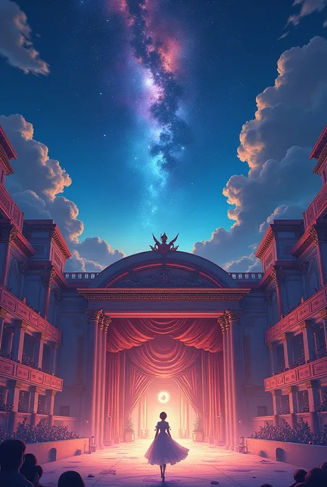 masterpiece, theater building, Cosmos, colorful and bright, high saturation, high contrast, lofi art style, beautiful anime scene, Anime landscapes, Detailed landscape