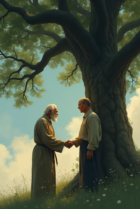 Old man holding young man&#39;s hand on tree 