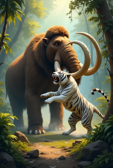 A mammoth biting a white tiger in the jungle