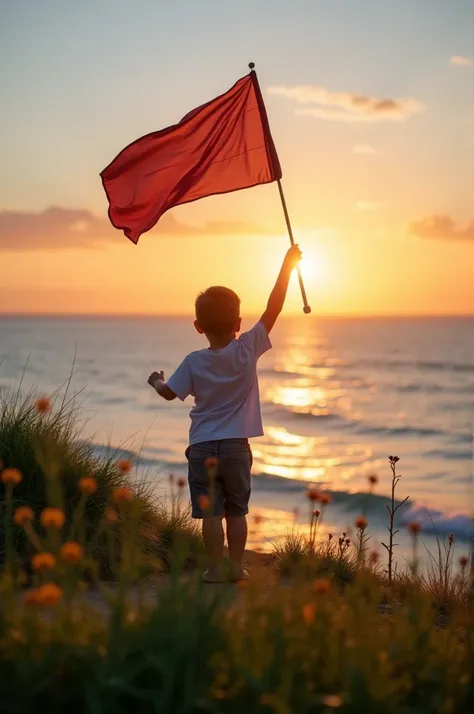 Small boy waving a flag at an edge beautiful sunset beside a ocean green grass and some flowers 