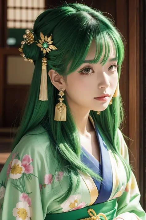 Green hair, beautiful woman, long hair, kimono, hair ornament, earrings