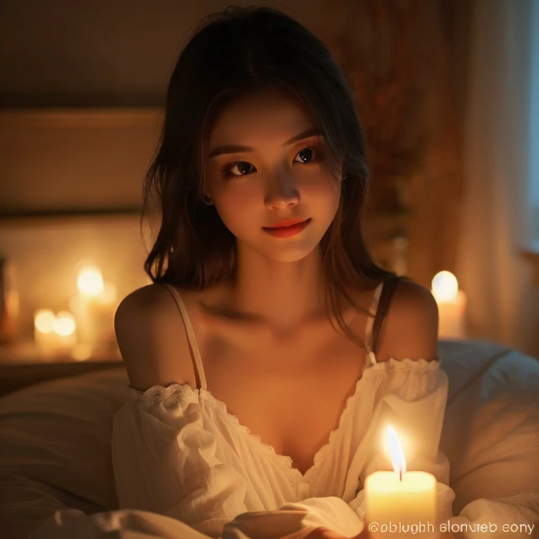 Soft candle light, Relaxed atmosphere, Long Wavy Hair, Off-shoulder white blouse, Indoor Settings, Warm glow, Candlelight creates gentle shadows, Intimate and quiet atmosphere, Close-up angle, Shallow depth of field, Smooth Skin, Romantic and cozy.