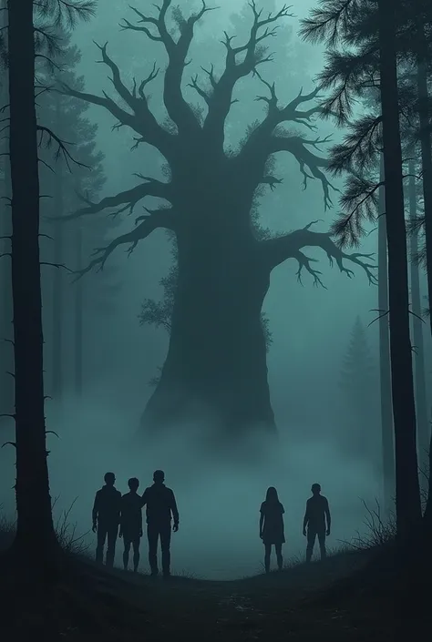 "The group stands near a large, cursed tree in the forest, and the atmosphere around them suddenly grows colder. The wind stops, and a thick, unnatural fog begins to creep in from the trees, swirling around their feet. The once-familiar sounds of the fores...