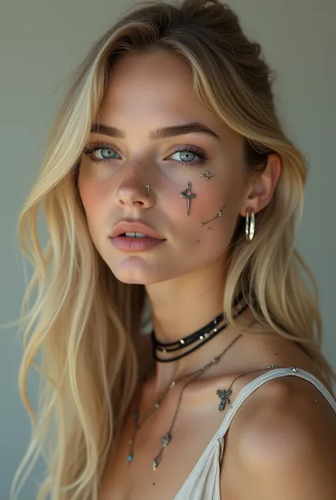 (photorealism:1.2), une jolie blonde européenne avec plein de piercing 