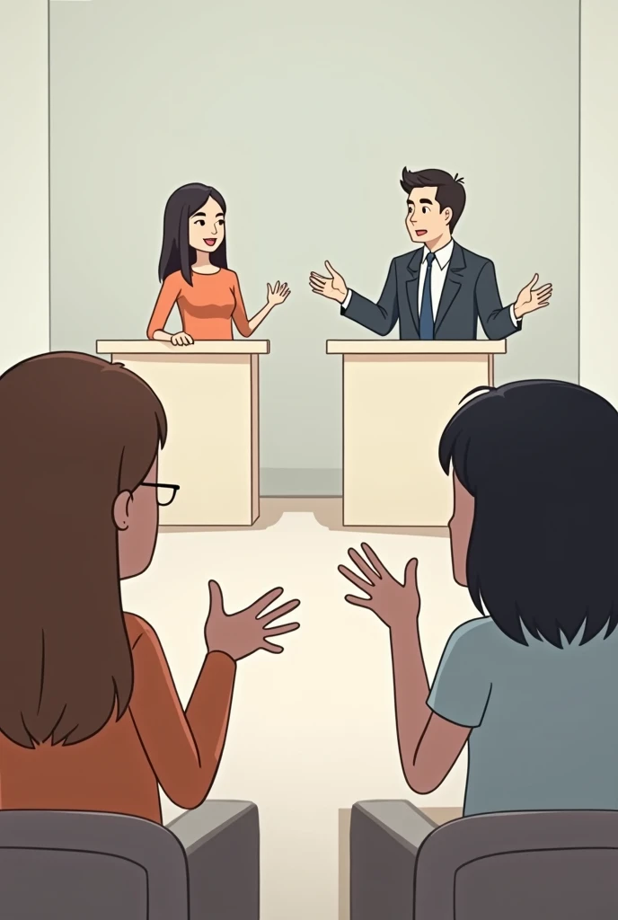 Make an animated image as simple as possible about a debate competition that only has a few people, not too many objects and the photo is not too far away.