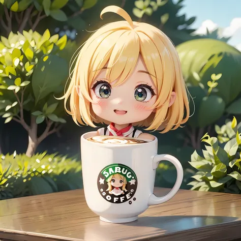 Super Chibi Character：1.8、Blonde Hair、Cute  girl、Cute Costumes、Super Chibi Character：1.8、Super Smile、Have Starbucks coffee