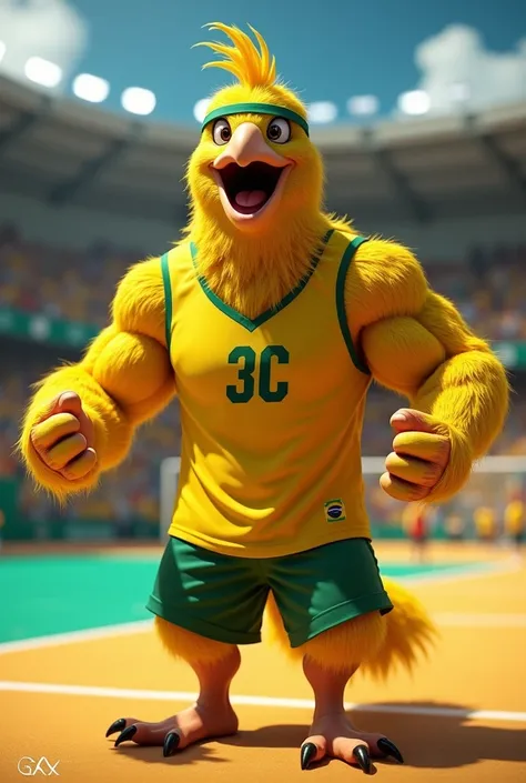 muscular canary mascot of Brazil with 3C written on shirt and headband shouting happily on a court