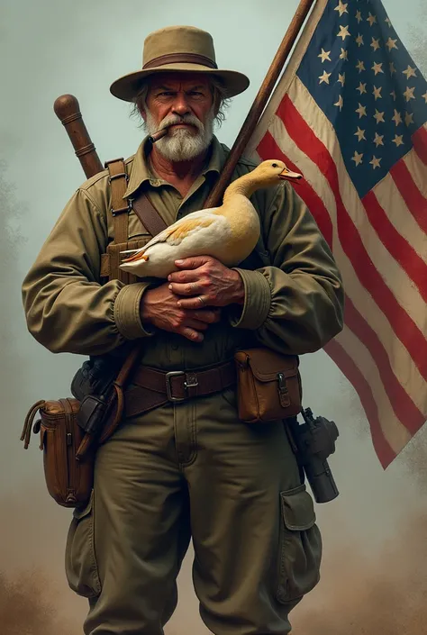 Draw me a soldier with a cigar in his mouth and a duck and an American flag in his hand and the flag is slightly worn and the flag is waving slightly