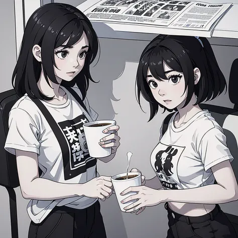 the silhouette of a anime girl reading news paper, holding a cup of coffee, wears a T-shirt. the design of her T-shirt is the silhouette of a 4-door Jeep Wrangler-JL. everything is silhouette, no details are necessary. the picture is monochrome.