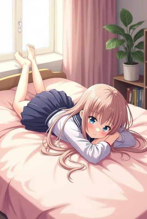 Anime girl in school uniform lying on her stomach on the bed