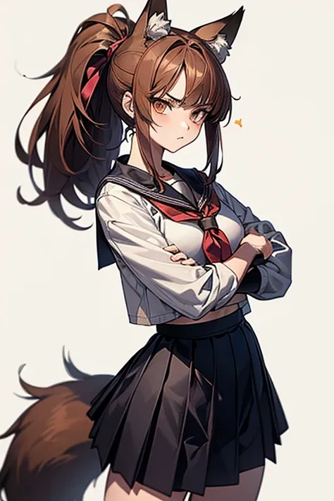 (masterpiece,best quality,ultra-detailed), an anime brave and serious delinquent girl. She has gun barrel m-shaped bangs medium hair with a ponytail, beige serious eyes, american gray wolf ears and tail, medium body shape, medium curves, wearing delinquent...