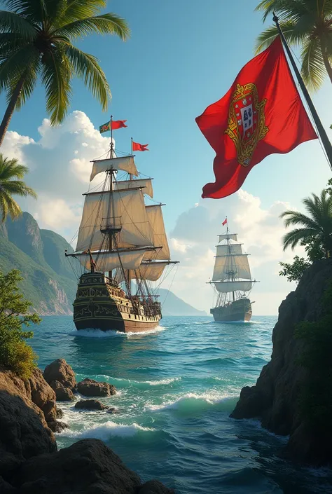 Spanish and Portuguese ships came to Indonesia to colonize and there were Spanish and Portuguese flags flying on the ship there are symbols of the Indonesian flag and the Garuda bird 