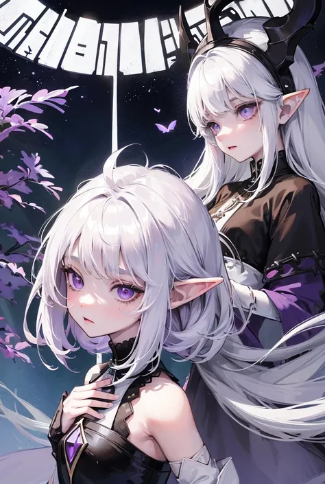 kid girl with elf ears, white hair, small horns like a ram, anime style, night forest background. A little melancholic atmosphere and very beautiful. purple eyes. mysticism. Intelligence, silver jewelry, runes on her hands. Dressed in tribal clothing.