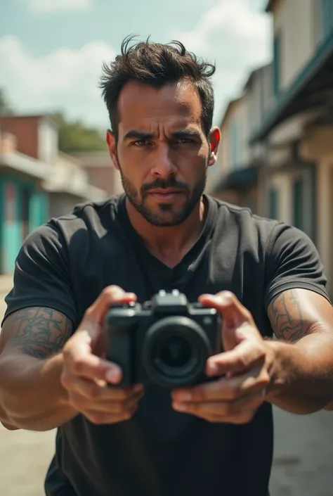 A men  who shoots his own video from his camera and also camera in his hand