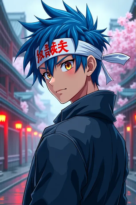 "Create a stunning anime-style logo for a YouTube channel. The central character is a handsome anime boy with vibrant blue hair, wearing a white hairband. The text ShauryaPlayz is written in Japanese on the hairband, with bold red color that pops. The back...