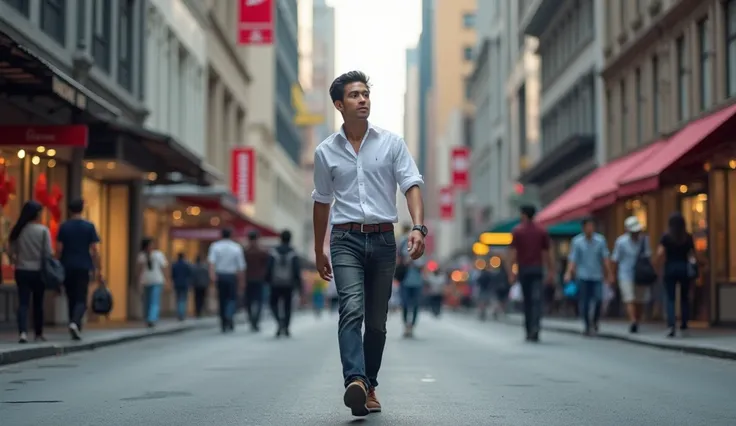 A 30 year old Indonesian man wearing casual clothes with the background of an urban area, precisely on the edge of the main road in the shopping area in Manhattan, New York during the day and, He was standing and walking with his full body visible. (all pi...