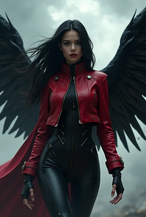 Super hero girl with black wings and red jacket