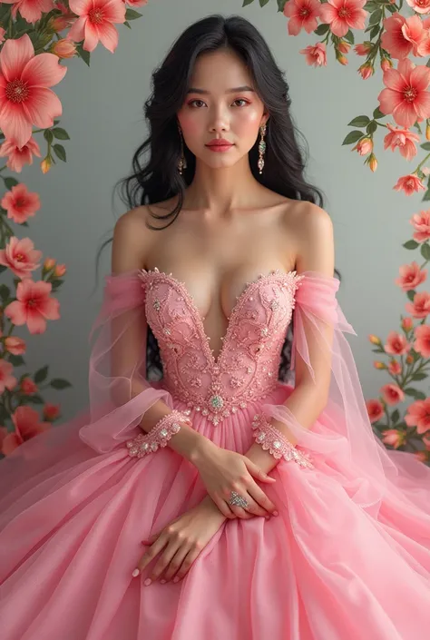 Real pinoy wearing pink gown with arounding flowers 